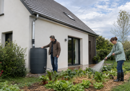Couple utilisant l’eau de pluie récupérée pour arroser le potager