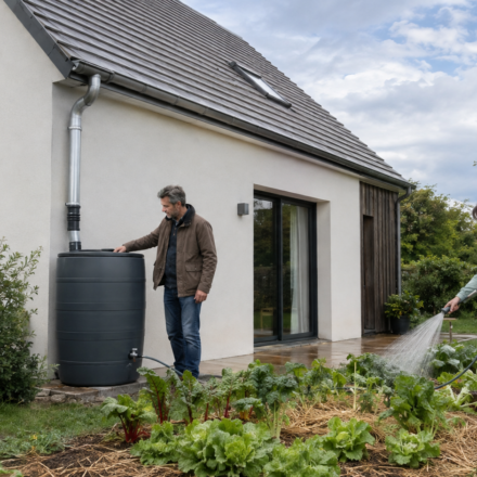 Couple utilisant l’eau de pluie récupérée pour arroser le potager