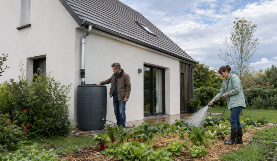 Couple utilisant l’eau de pluie récupérée pour arroser le potager
