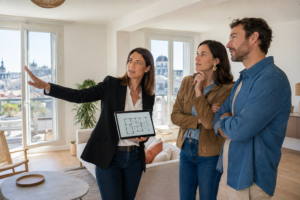 Professionnelle accompagnant un couple lors d’une recherche immobilière