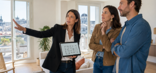 Professionnelle accompagnant un couple lors d’une recherche immobilière