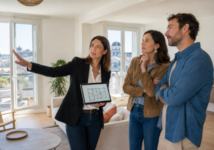 Professionnelle accompagnant un couple lors d’une recherche immobilière