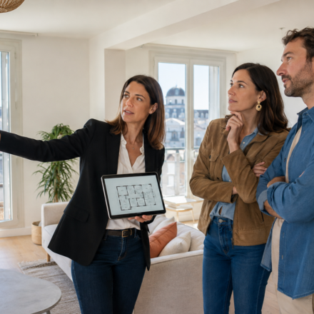 Professionnelle accompagnant un couple lors d’une recherche immobilière