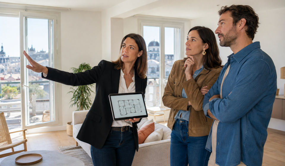 Professionnelle accompagnant un couple lors d’une recherche immobilière