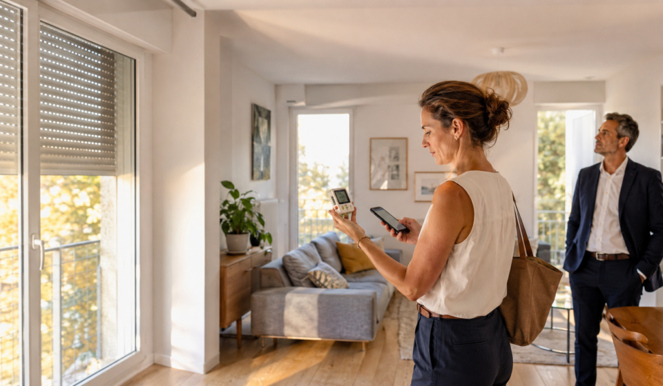 Immobilier et Canicule : comment mesurer la température réelle d’un logement avant de l’acheter ? Acquéreuse mesurant la température intérieure d’un appartement pendant une visite immobilière