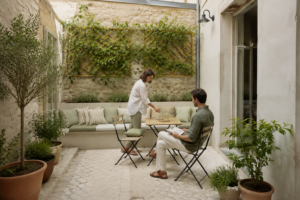 Couple profitant d’une petite cour intérieure aménagée en espace de vie