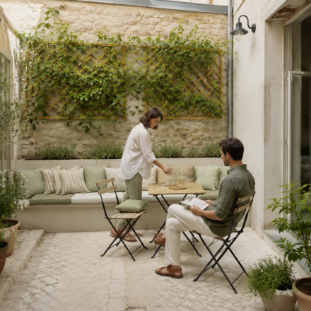 Couple profitant d’une petite cour intérieure aménagée en espace de vie