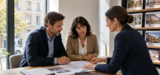 Couple étudiant son projet d’achat immobilier avec une agente à la rentrée 2026