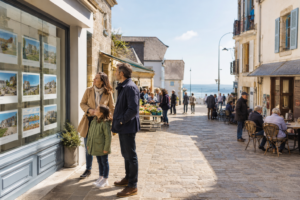 Famille dans une ville littorale vivante en dehors de la saison touristique