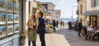 Famille dans une ville littorale vivante en dehors de la saison touristique
