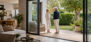 Couple de seniors dans un appartement accessible en rez-de-chaussée ouvert sur un jardin