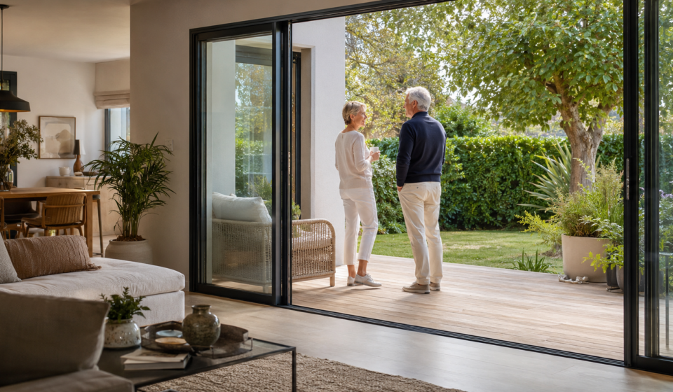 Immobilier et les rez-de-chaussée : retrouvent-ils de la valeur avec le vieillissement de la population ? Couple de seniors dans un appartement accessible en rez-de-chaussée ouvert sur un jardin