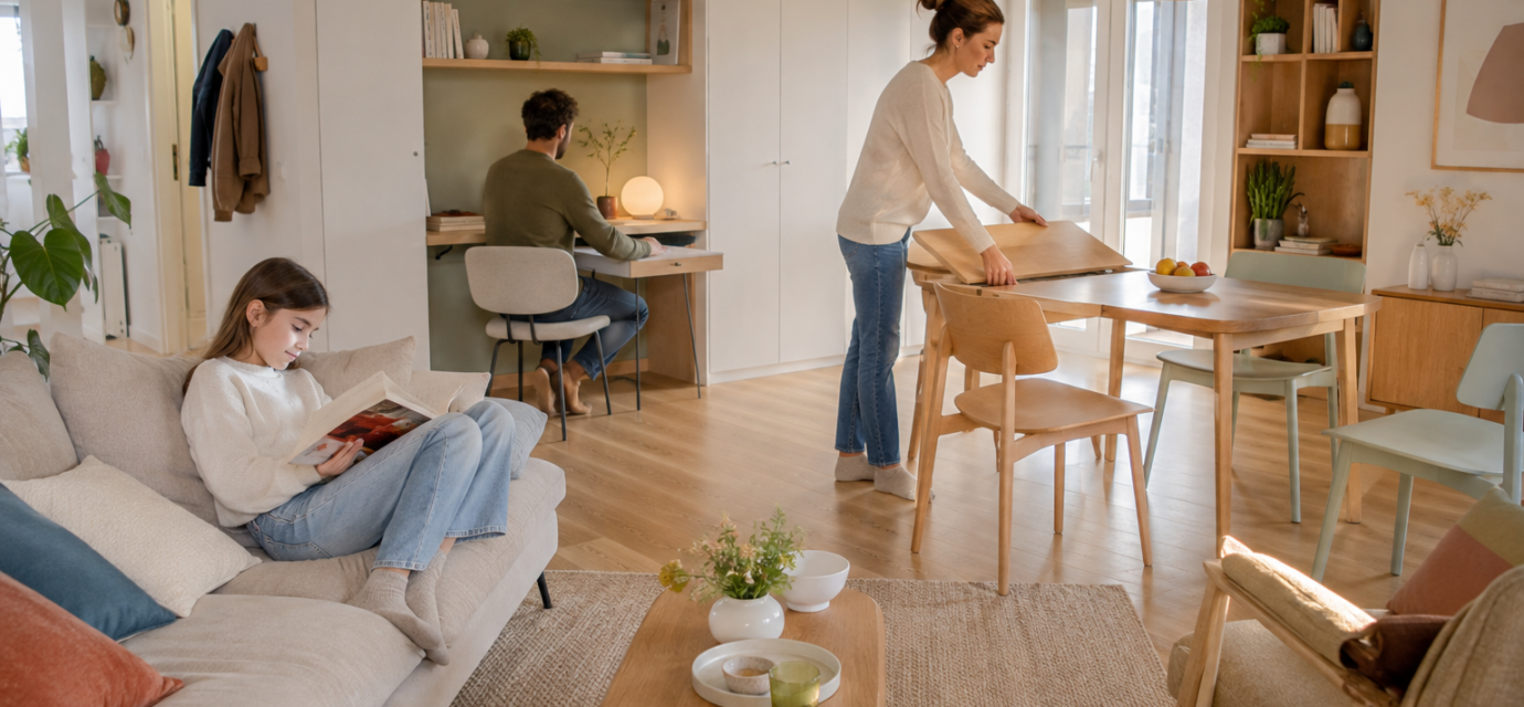 Salon polyvalent avec bureau intégré, coin repas et espace de détente