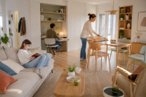 Salon polyvalent avec bureau intégré, coin repas et espace de détente