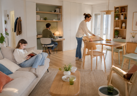 Salon polyvalent avec bureau intégré, coin repas et espace de détente