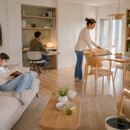 Le salon change de fonction : pourquoi nos pièces à vivre deviennent-elles de plus en plus polyvalentes ? Salon polyvalent avec bureau intégré, coin repas et espace de détente