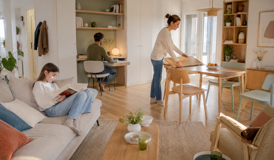 Le salon change de fonction : pourquoi nos pièces à vivre deviennent-elles de plus en plus polyvalentes ? Salon polyvalent avec bureau intégré, coin repas et espace de détente