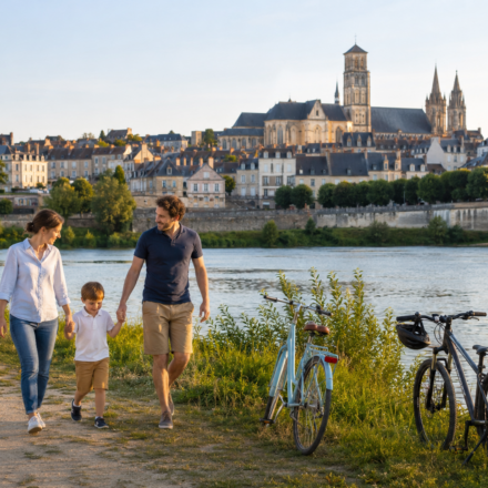 Famille au bord de la Loire avec le centre historique de Nevers en arrière-plan