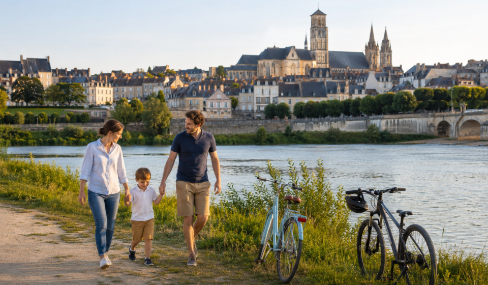 Famille au bord de la Loire avec le centre historique de Nevers en arrière-plan