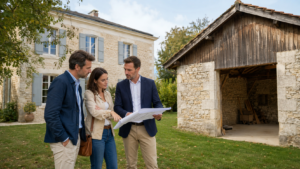 Couple visitant une maison avec une dépendance à transformer