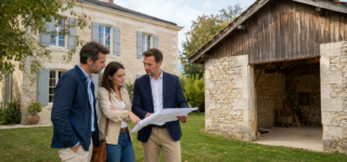 Couple visitant une maison avec une dépendance à transformer
