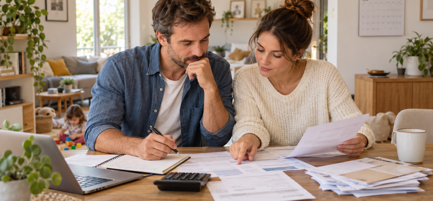 Une famille calcule le budget annuel de son logement autour d’une table