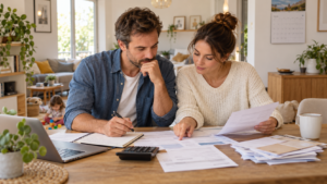 Une famille calcule le budget annuel de son logement autour d’une table