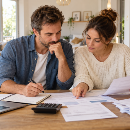 Une famille calcule le budget annuel de son logement autour d’une table