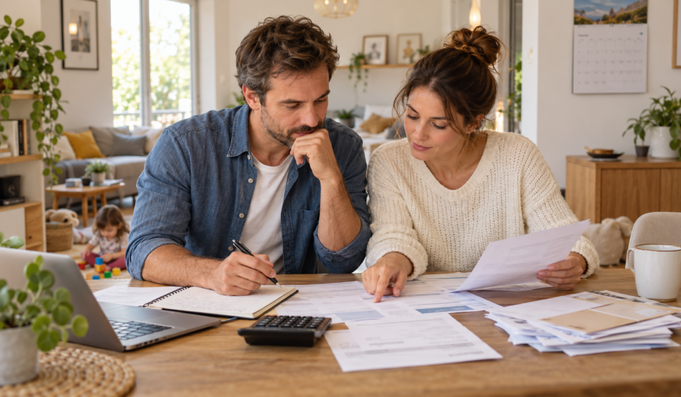 Une famille calcule le budget annuel de son logement autour d’une table
