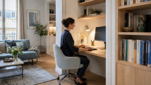 Bureau ergonomique intégré dans le salon sans utiliser une chambre