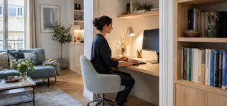 Bureau ergonomique intégré dans le salon sans utiliser une chambre