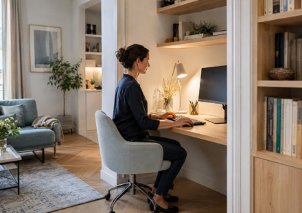 Bureau ergonomique intégré dans le salon sans utiliser une chambre