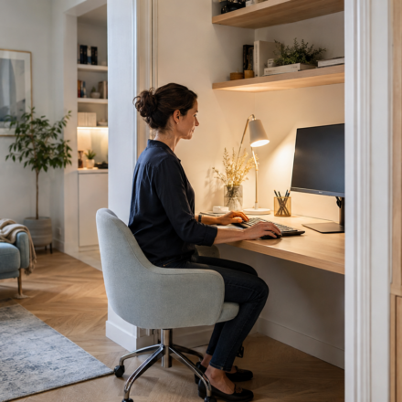 Bureau ergonomique intégré dans le salon sans utiliser une chambre