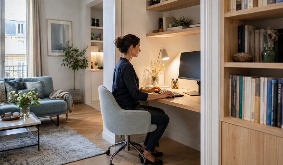Bureau ergonomique intégré dans le salon sans utiliser une chambre