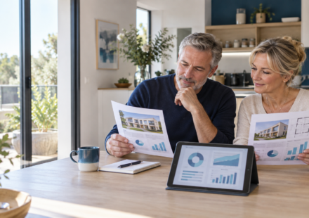 Comment calculer le coût mensuel réel d’un logement ? Couple comparant le coût mensuel réel de deux logements à partir de leurs charges et dépenses