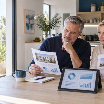 Comment calculer le coût mensuel réel d’un logement ? Couple comparant le coût mensuel réel de deux logements à partir de leurs charges et dépenses