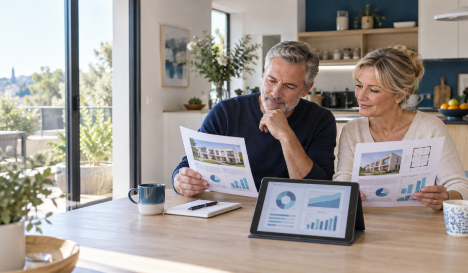 Comment calculer le coût mensuel réel d’un logement ? Couple comparant le coût mensuel réel de deux logements à partir de leurs charges et dépenses