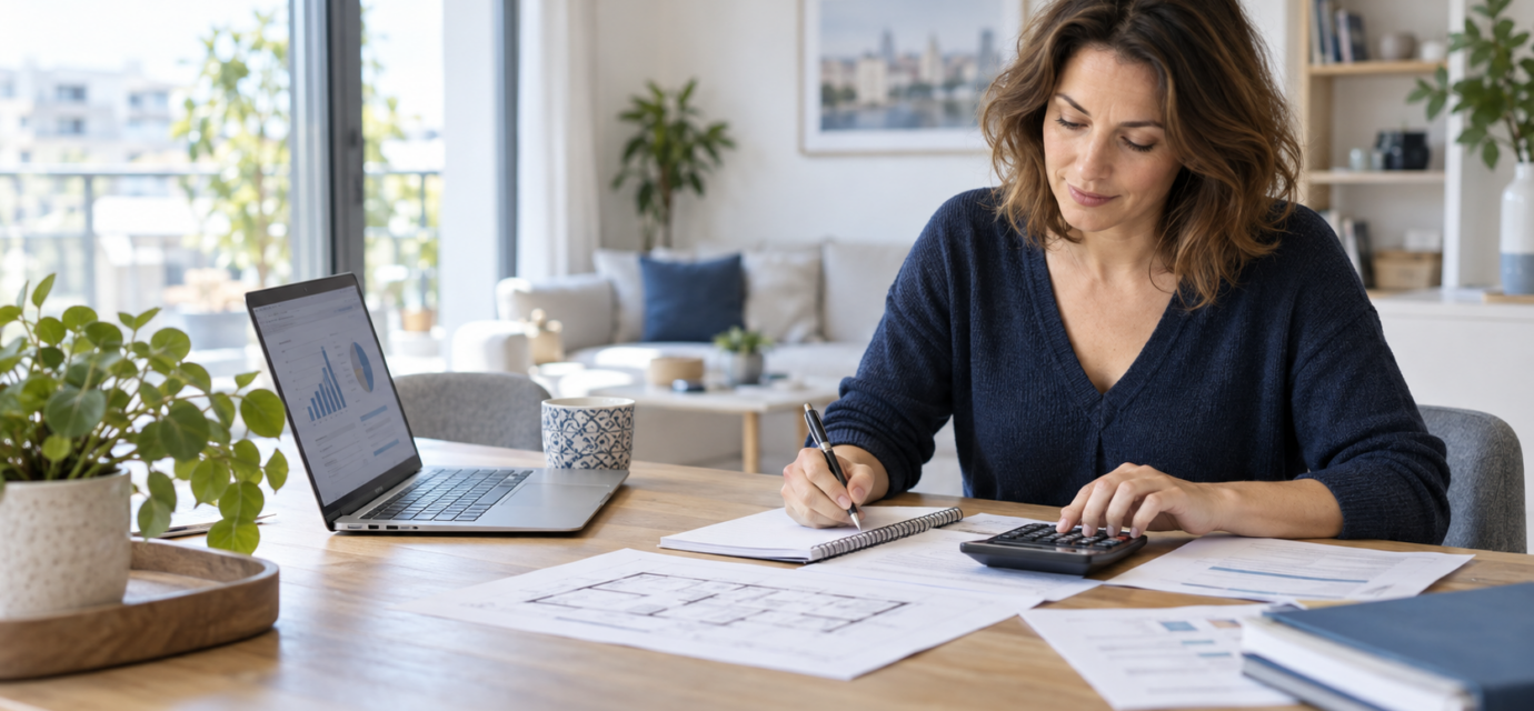 Acheter en immobilier : Comment calculer son véritable budget immobilier avant d’acheter ? Acquéreuse calculant son budget immobilier avec une calculatrice, un plan de logement et un ordinateur
