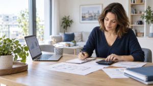 Acquéreuse calculant son budget immobilier avec une calculatrice, un plan de logement et un ordinateur