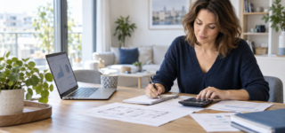 Acquéreuse calculant son budget immobilier avec une calculatrice, un plan de logement et un ordinateur