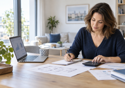 Acheter en immobilier : Comment calculer son véritable budget immobilier avant d’acheter ? Acquéreuse calculant son budget immobilier avec une calculatrice, un plan de logement et un ordinateur