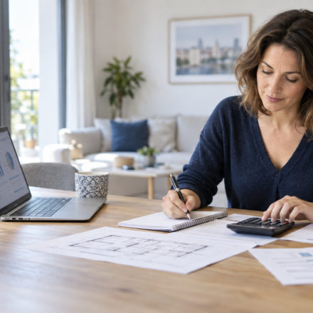 Acheter en immobilier : Comment calculer son véritable budget immobilier avant d’acheter ? Acquéreuse calculant son budget immobilier avec une calculatrice, un plan de logement et un ordinateur