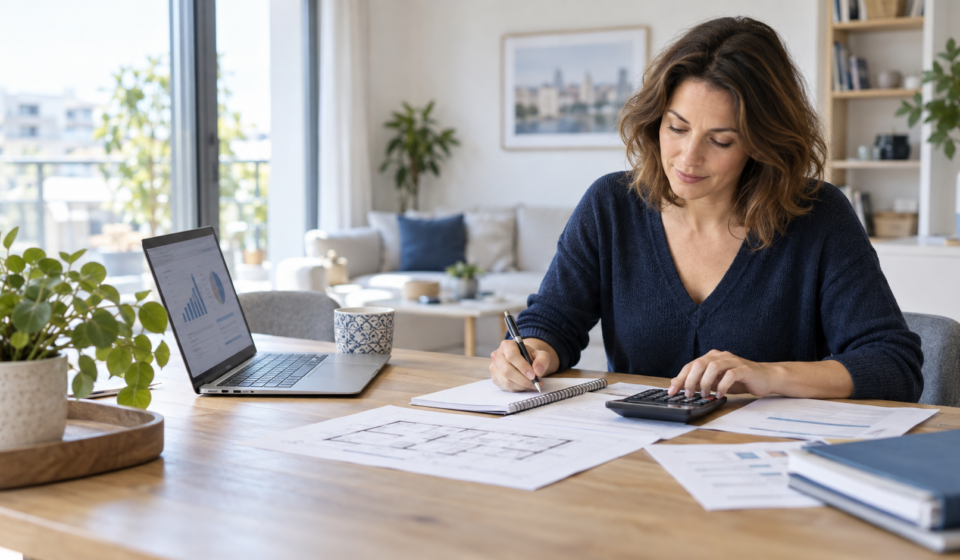 Acheter en immobilier : Comment calculer son véritable budget immobilier avant d’acheter ? Acquéreuse calculant son budget immobilier avec une calculatrice, un plan de logement et un ordinateur