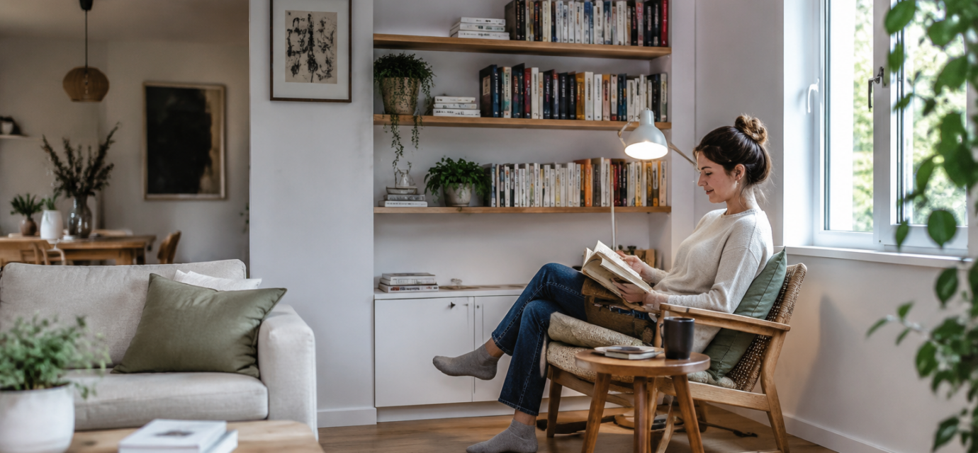Une femme lit dans un coin lecture aménagé près d’une fenêtre dans le salon