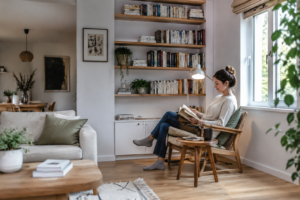 Une femme lit dans un coin lecture aménagé près d’une fenêtre dans le salon