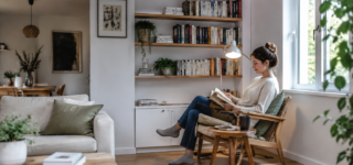 Une femme lit dans un coin lecture aménagé près d’une fenêtre dans le salon