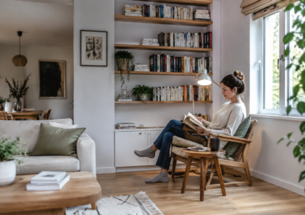 Lifestyle dans la maison : Le coin lecture revient-il dans nos salons ? Une femme lit dans un coin lecture aménagé près d’une fenêtre dans le salon