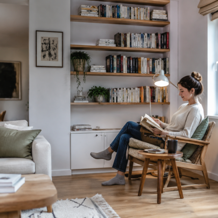 Une femme lit dans un coin lecture aménagé près d’une fenêtre dans le salon