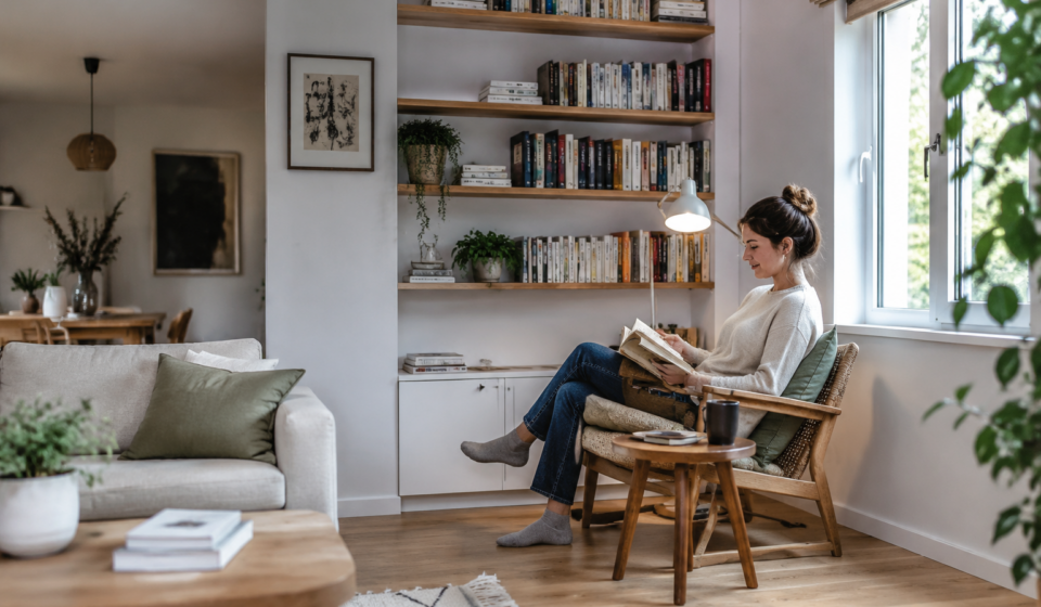 Une femme lit dans un coin lecture aménagé près d’une fenêtre dans le salon