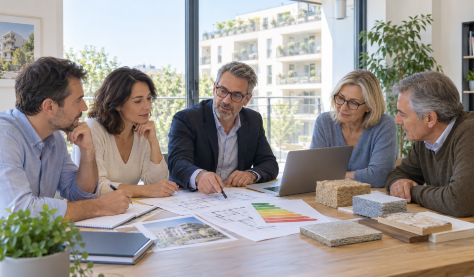 Copropriétaires étudiant un projet de rénovation énergétique en 2026